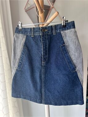 VINTAGE 90s Gasoline Two-Tone Denim Jean Mini Skirt Blue High-Waist Size Small